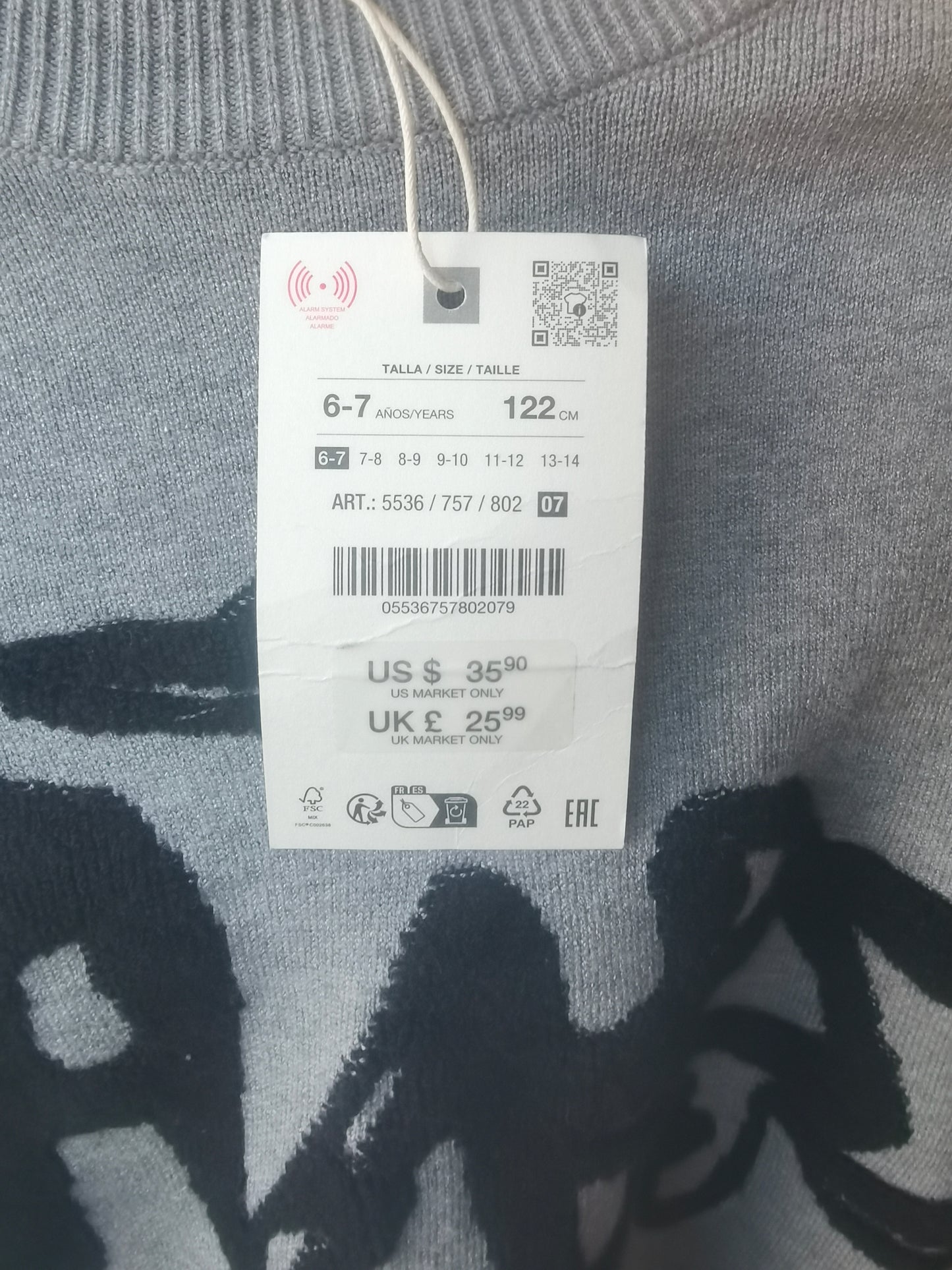 Children's grey letter print sweater size 6/7 years old