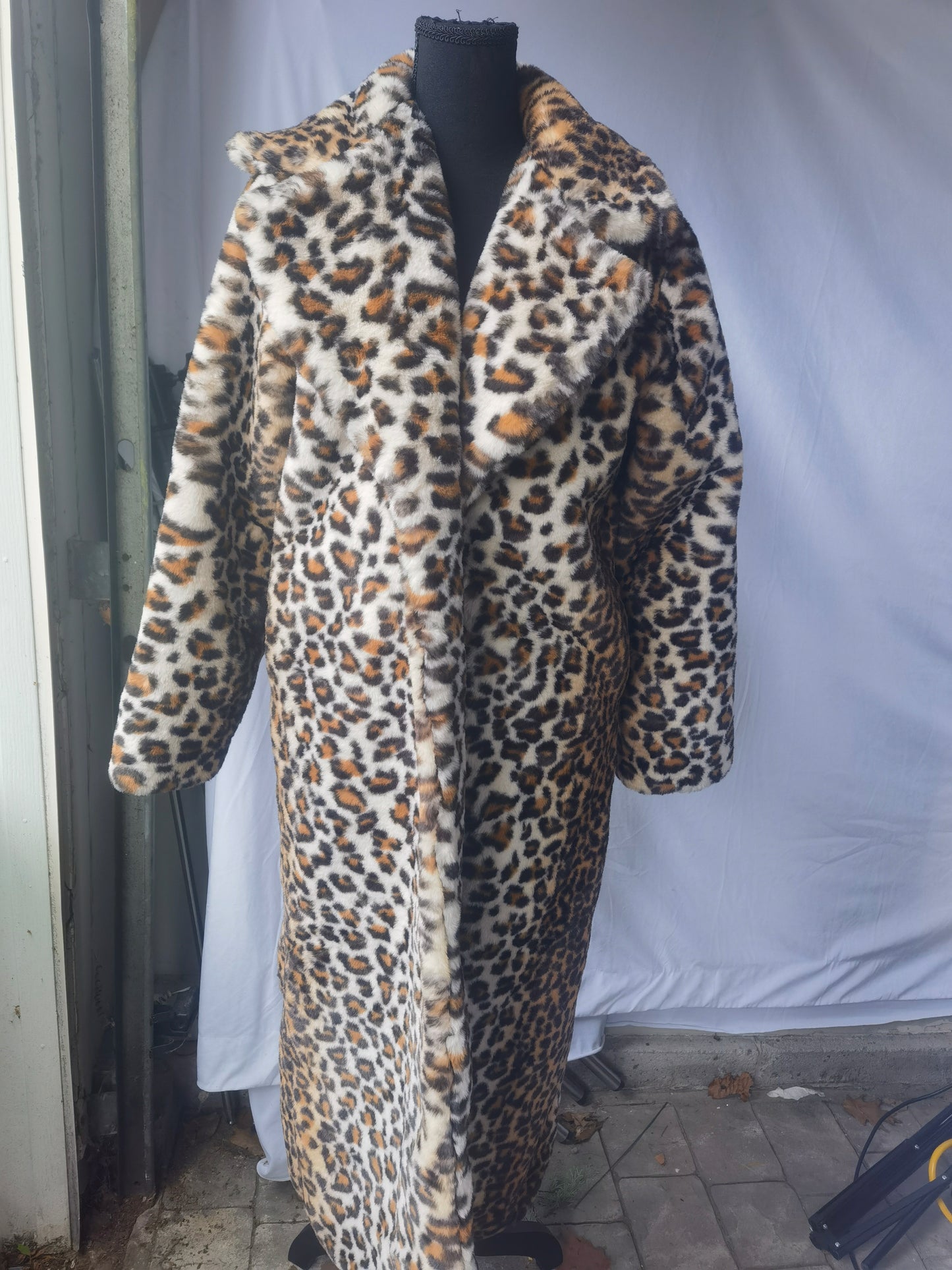 DJBM Women's Sexy Elegant Vintage Leopard Print Lapel Faux Fur Long Maxi Coat Jacket size M