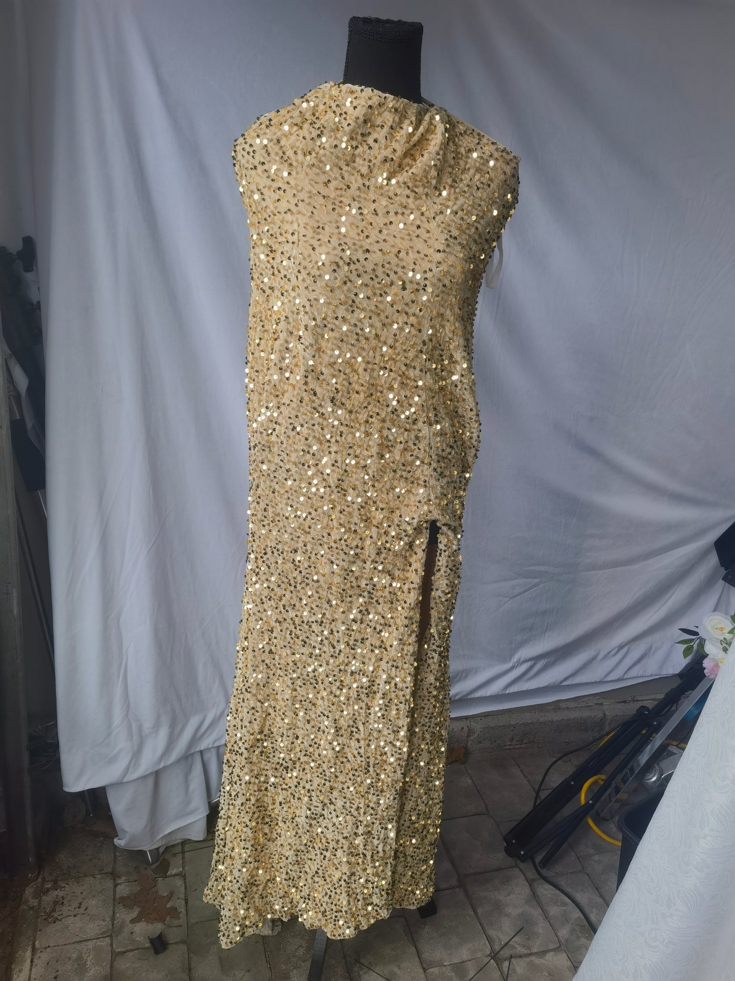 Women's Gold Mermaid Sequin Prom Dresses Long Feather Hem Formal Evening Party Dress for Women with Sexy Slit Size No