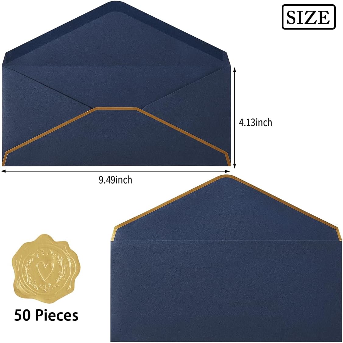 50 Pack #10 Business Envelopes with Gold Border, Self Seal Standard Envelopes with Gold Stickers for Office, Checks, Letter Mailing, Invoices, 4 1/8 x 9 1/2 Inches (Navy Blue)