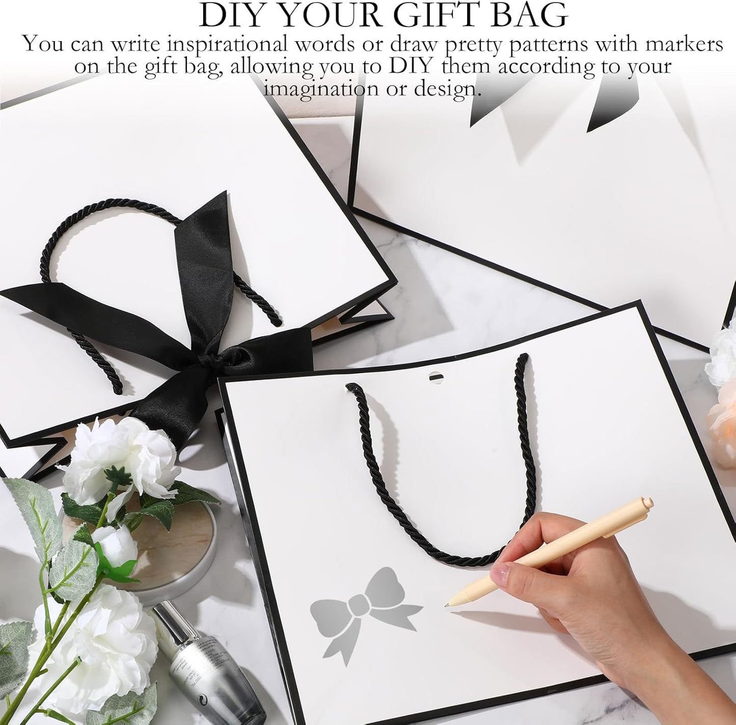 Silkfly 12 Pcs Thank You Gift Bags with Handle 12x10x4'' Welcome Bags Return Gifts with Bow Ribbon for Wedding Bridesmaid Baby Shower Housewarming Birthday Summer Christmas Vacation(White, Black)