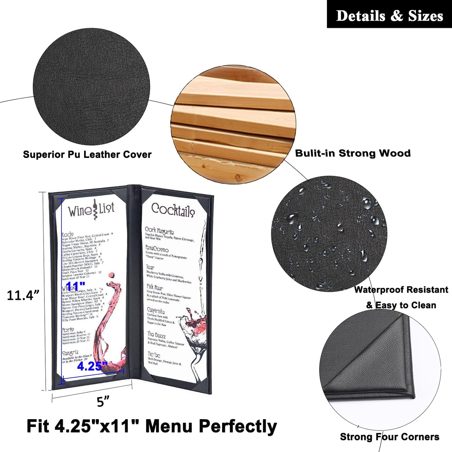 4.25 x 11 inches Menu Holder Menu Covers 2 View PU Leather Book Style Double Fold Panel for Restaurant Coffee Bars(4.25” x 11” /Book Style /1 pcs)