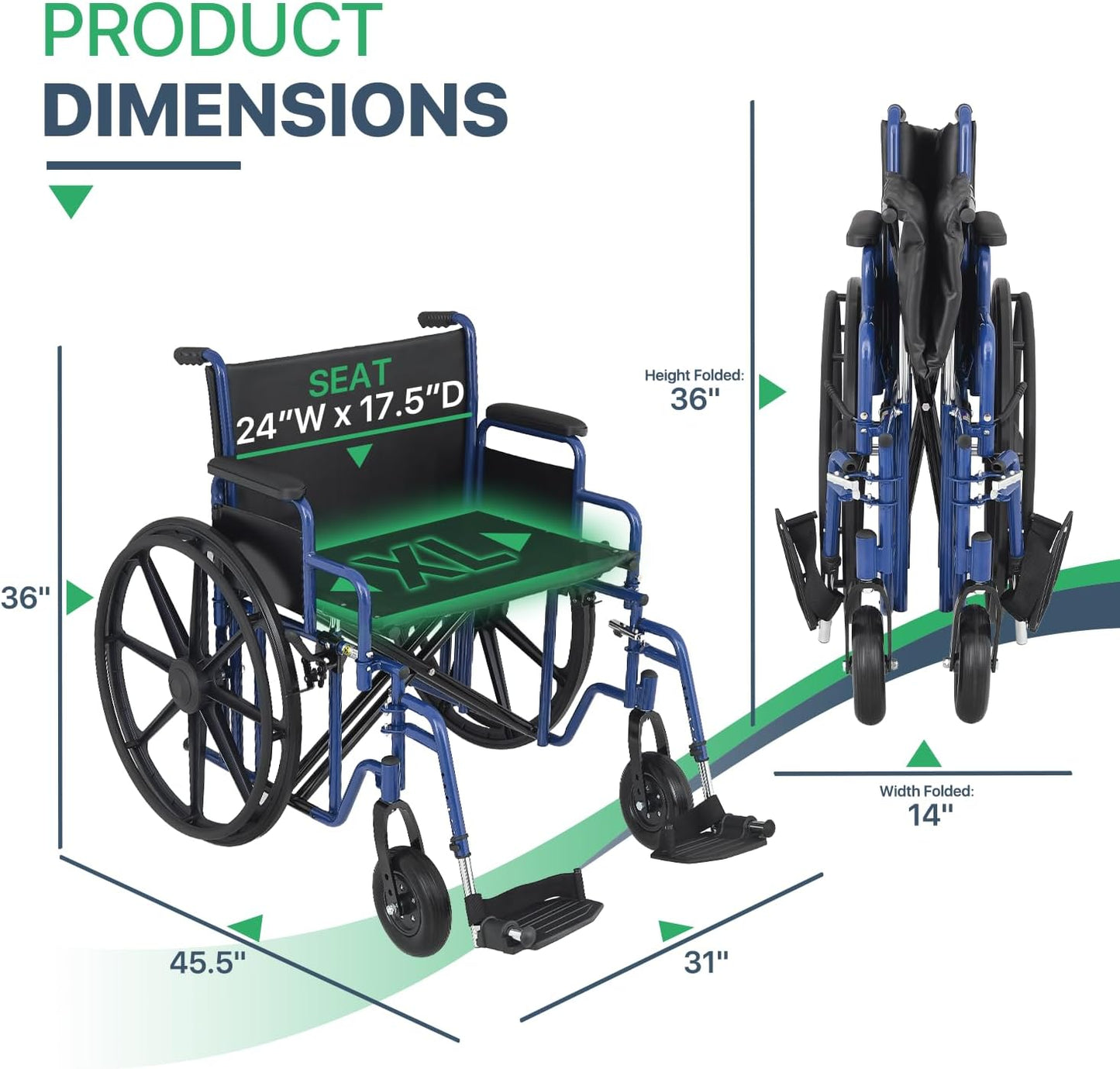 Magshion 500 lb Bariatric Wheelchair – Extra-Wide 24” Seat, Heavy-Duty Foldable All-Terrain for Adults & Seniors – Blue Frame