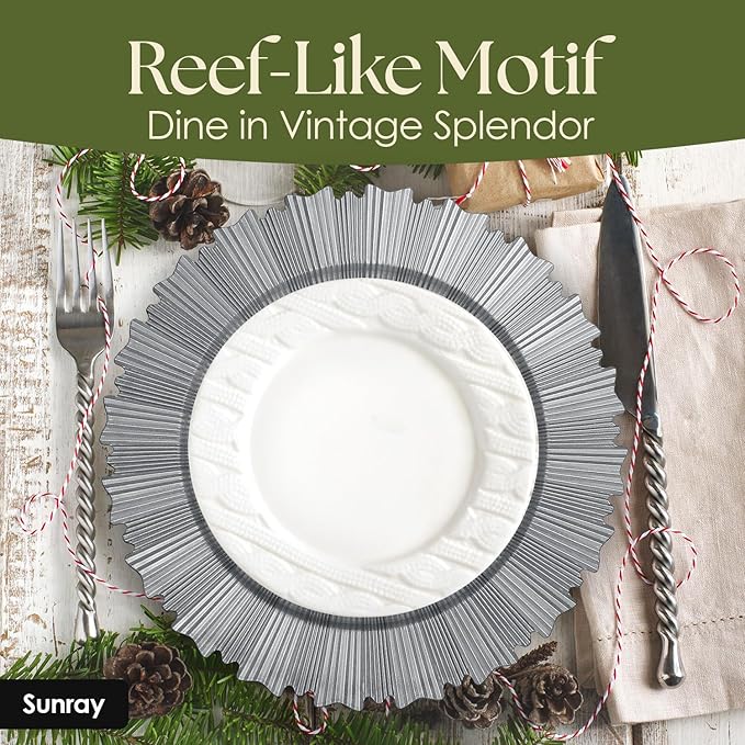 Silver Charger Plates Set - 13” Vintage Plastic Dinnerware Set - Reusable Elegant Serving Plates for Parties, Weddings and Events Set Of 6