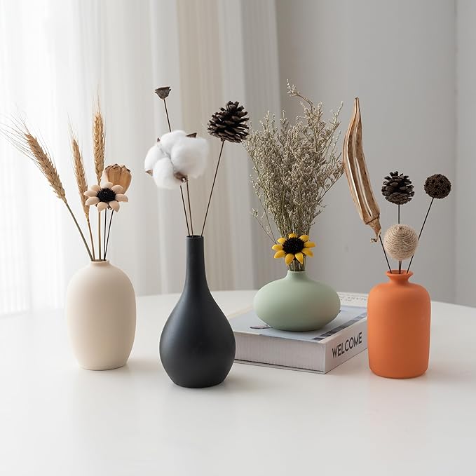 Small Ceramic Vase Set of 4 for Modern Home Decor, Minimalist Bohemian, Round Matte Vases for Dried Flowers&Pampas Grass, Office, Shelf, Living Room, Bedroom, Entryway Decor