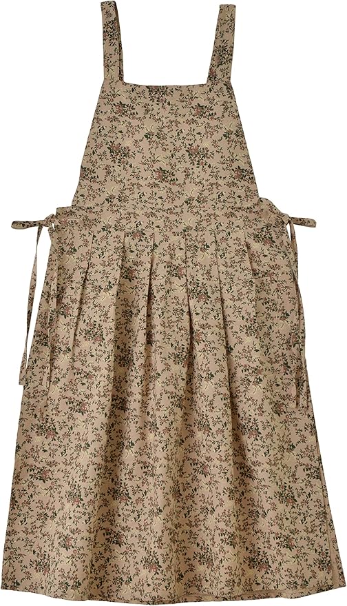 Pinafore Apron Dress,Japanese Cotton Linen Cross Back Apron for Women with Pockets,Pinafore Dress with Waist Ties (Brown flower) didn't find size on picture