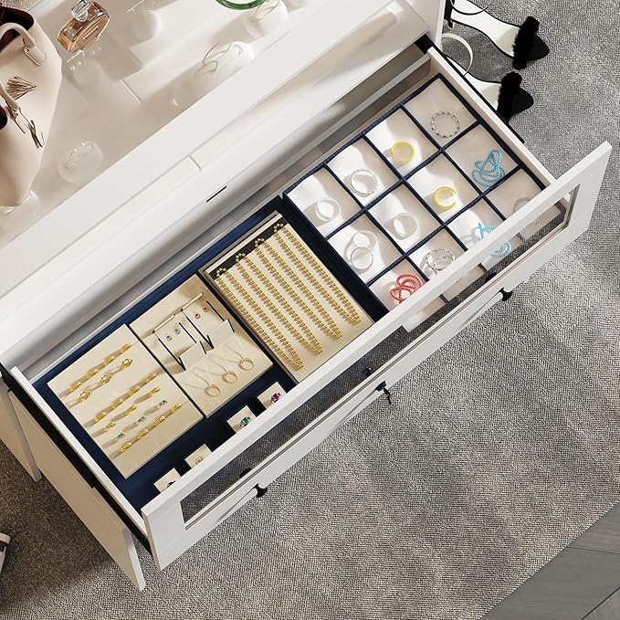 Hitow Display Cabinet Island with Glass Top and Front, Walk in Closet Organizer with Lockable Drawer and Shelves, Shop Display Case, Walk in Wardrobe Furniture, Living Room Storage, White