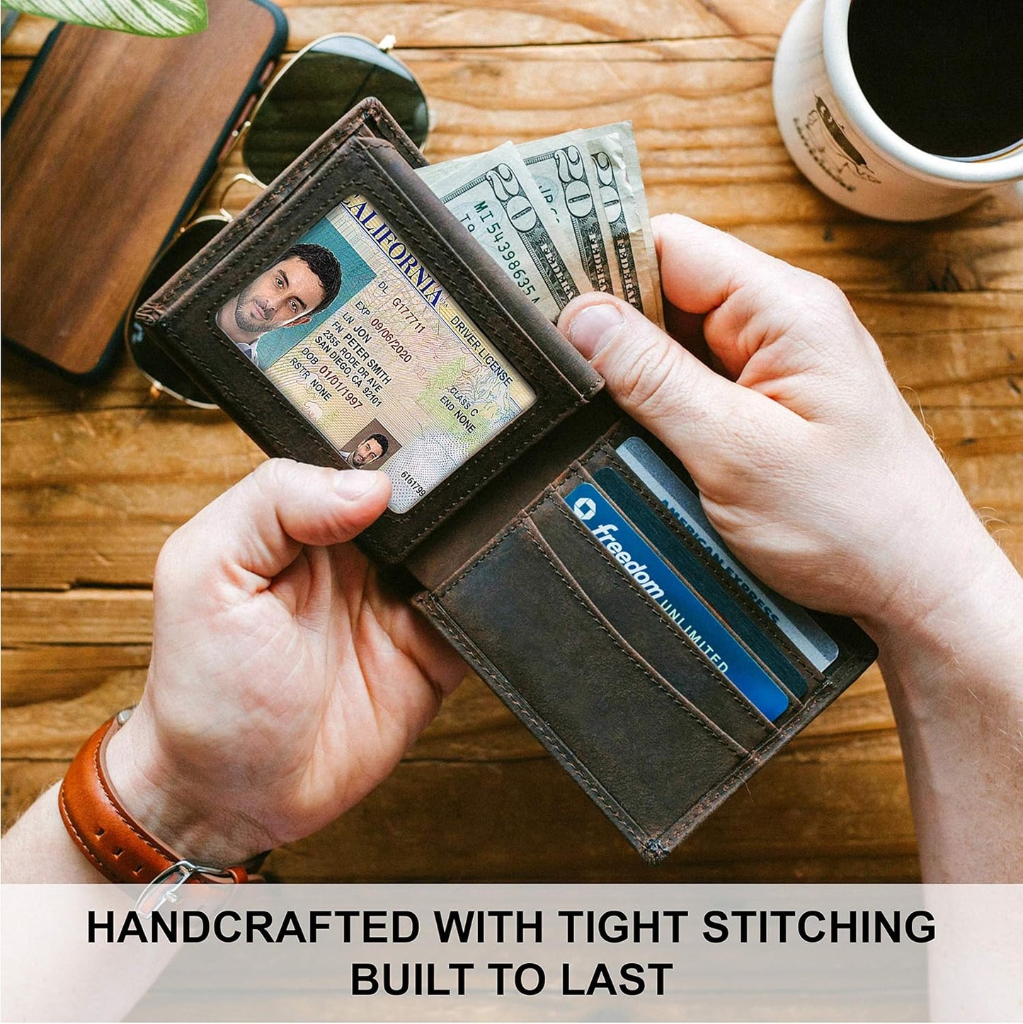 Mens Leather Slim Bifold Wallet | RFID Blocking with 2 ID Windows | By Stay Fine