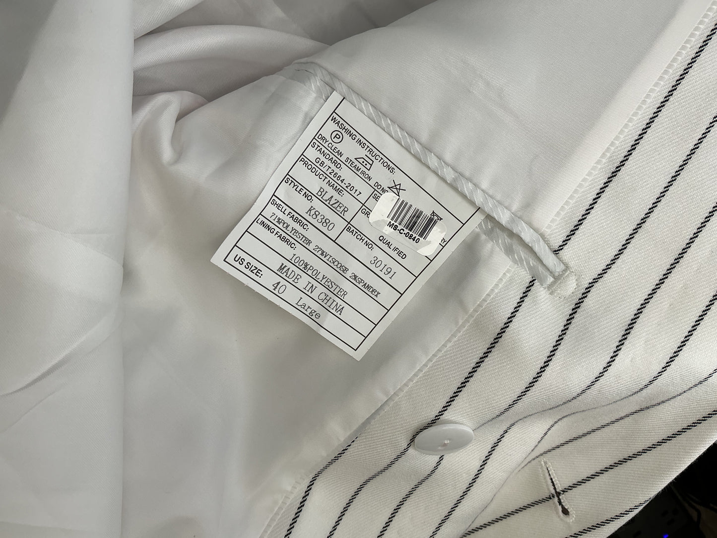 White Pinstripe Blazer Size 40 Large