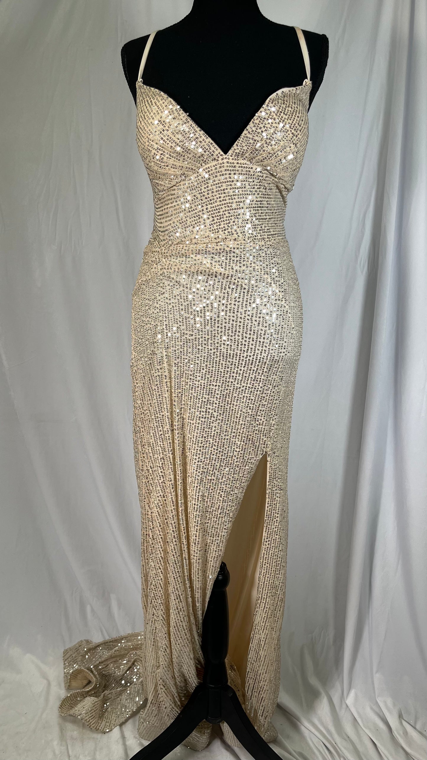 Women's Spaghetti Strap Satin Cowl Neck Corset Dress Fishbone High Slit Sexy Prom Silk Maxi Party Bustier DressSize 8