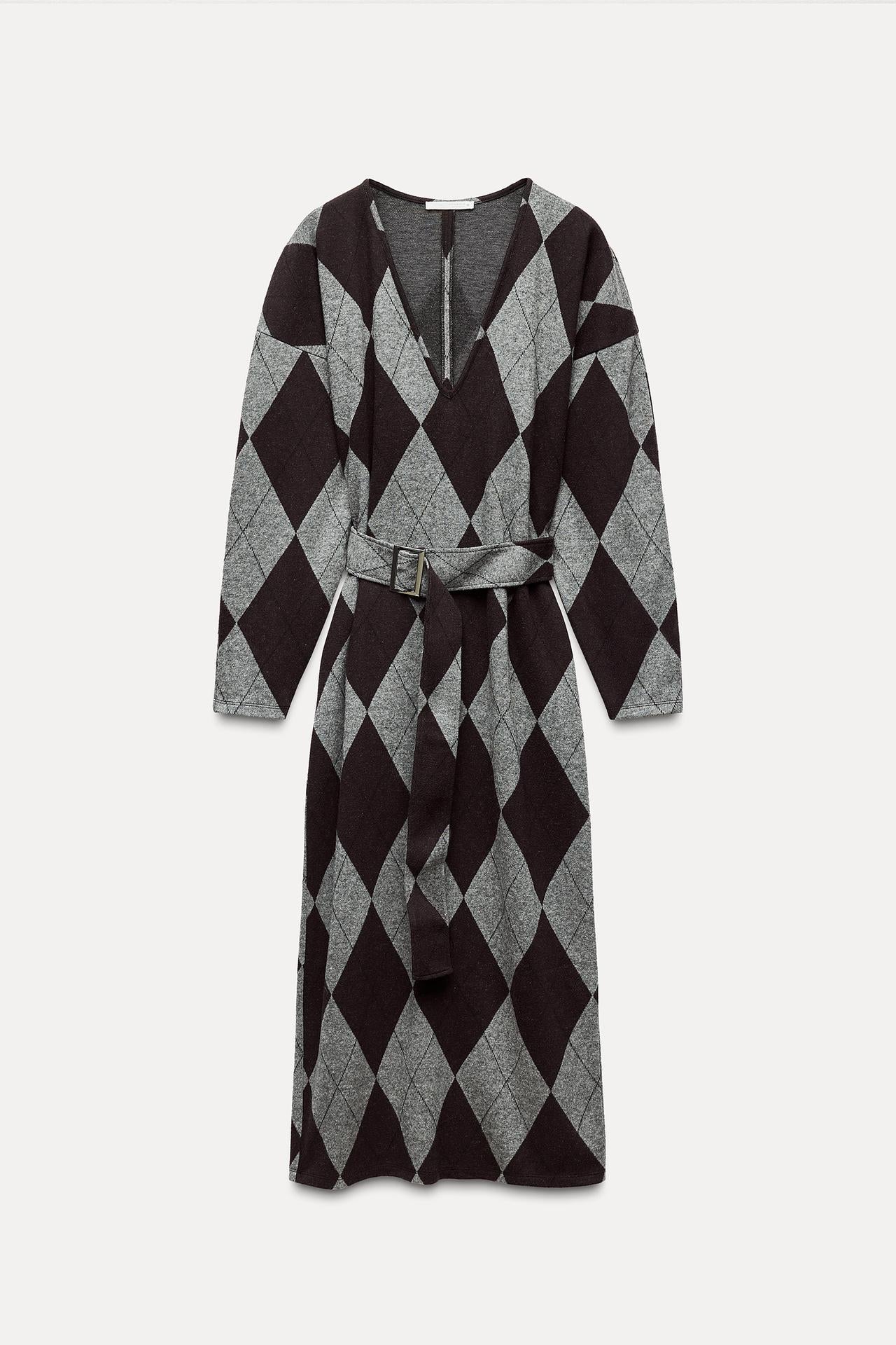 BELTED MIDI DRESS, gray and purple, with sleeves, size M