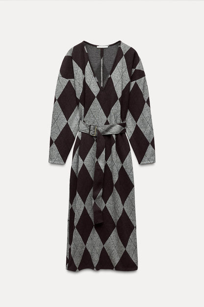 BELTED MIDI DRESS, gray and purple, with sleeves, size M