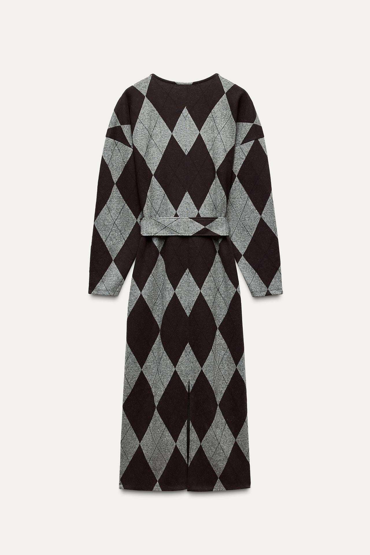 BELTED MIDI DRESS, gray and purple, with sleeves, size M