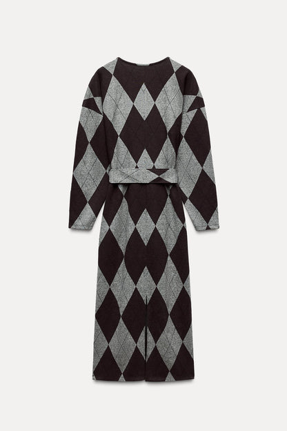 BELTED MIDI DRESS, gray and purple, with sleeves, size M