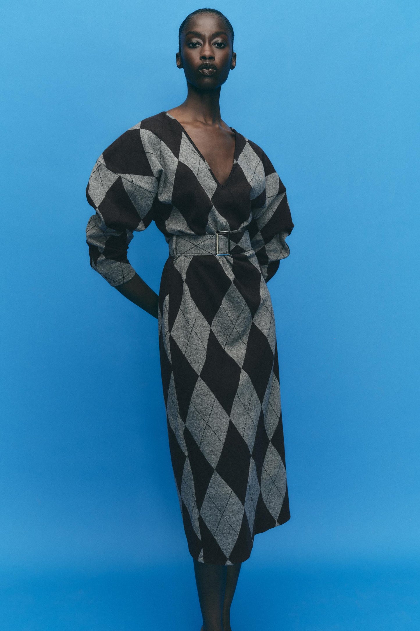 BELTED MIDI DRESS, gray and purple, with sleeves, size M