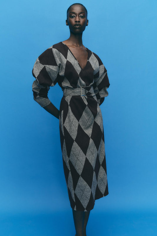 BELTED MIDI DRESS, gray and purple, with sleeves, size M