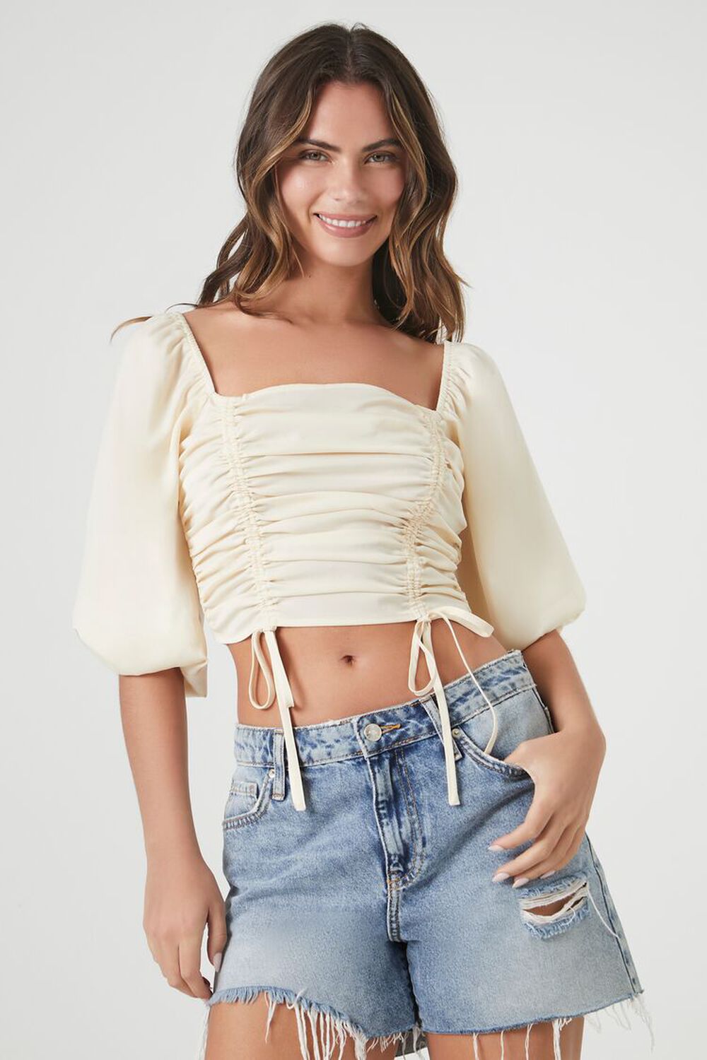 Ruched Puff-Sleeve Top didn't find size on picture