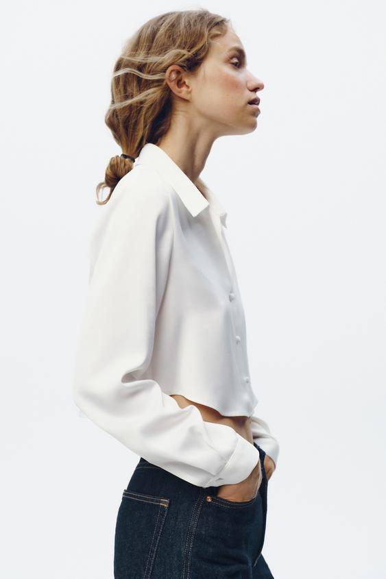 ZARA SATIN EFFECT CROPPED SHIRT Top Size S