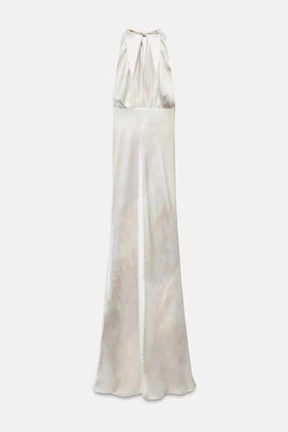 LONG SATIN EFFECT HALTER DRESS Size S