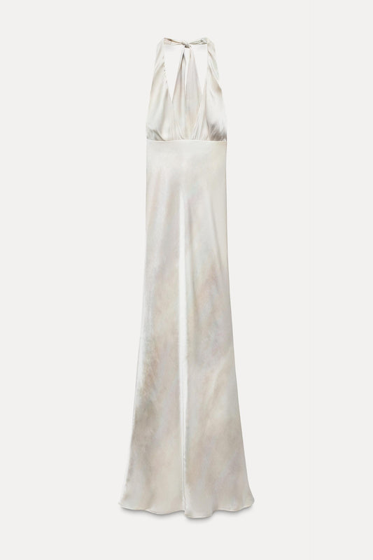LONG SATIN EFFECT HALTER DRESS Size S