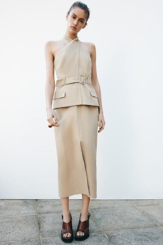 CROSSOVER BELTED MIDI DRESS size M