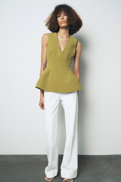 ZARA COLLECTION PEPLUM TOPWomen's Bright Yellow Deep V Neck Fishtail Sleeveless Top Size S