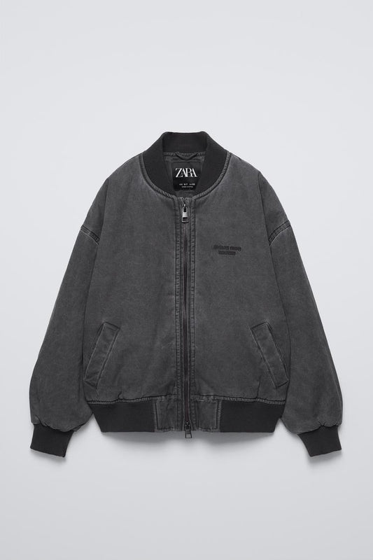 ZARA WASHED-EFFECT BOMBER JACKET Size M
