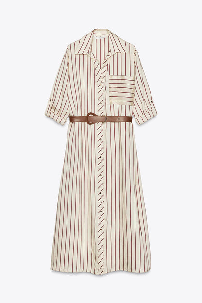 STRIPED BELTED MIDI DRESS Size L