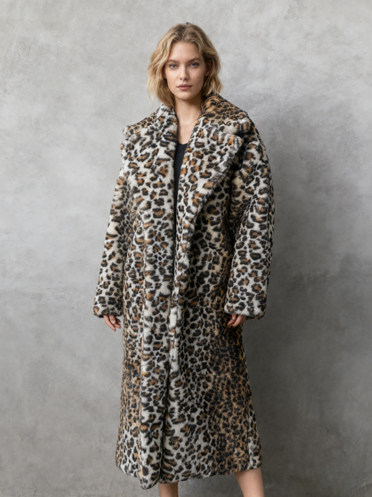 DJBM Women's Sexy Elegant Vintage Leopard Print Lapel Faux Fur Long Maxi Coat Jacket  size M