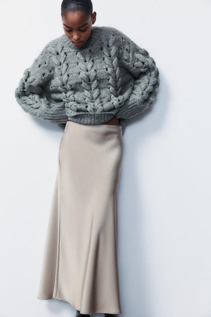 SATIN EFFECT MIDI SKIRT Size L