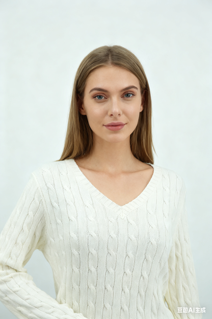 ANRABESS Women’s White Cable Knit Sweater – Size S
