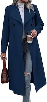 Adhdyuud Women's Woolen Long Trench Coat Winter Casual Lapel Double Breasted Wool Jackets Navy Blue M size M
