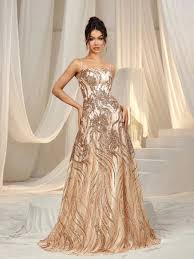 Elegant Spaghetti Straps Graphic Sequin Formal Prom Dress Size M