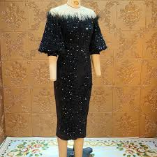 AOMEI Women's Black Puff Sleeve Velvet Glitter Embroidery Sequin Long Dress  Size M