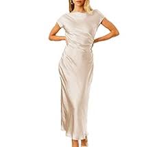 Gmeitoey 2023 Satin Cap Sleeve Cowl Back Summer Dresses for Women Elegant Ruched Waist Wedding Guest Midi Dress Size M