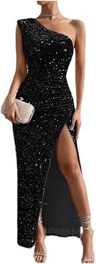 One Shoulder Evening Dress with High Slit Sparkly Sequin Formal Cocktail Dress Sheath Long Prom Dress EV06 Size No