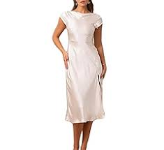 Gmeitoey 2023 Satin Cap Sleeve Cowl Back Summer Dresses for Women Elegant Ruched Waist Wedding Guest Midi Dress Size M