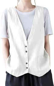Cotton Linen Vest for Women 2023 Casual Sleeveless Button Down Jacket Lightweight Summer Loose Vests Outerwear  size M