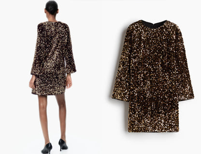 Women's Gold Shimmer Dress Long Sleeves Size S