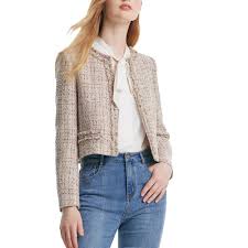 GOELIA Tweed Cropped Blazer Jacket for Women Open Front Long Sleeve Slim Fit Business Casual Blazer Size M