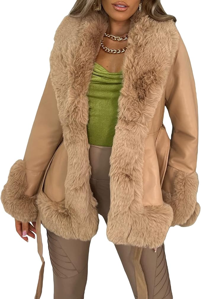 Aunaeyw Women Faux Fur Leather Jacket Faux Fur Open Front Casual Furry Collar Short Parka Coat Warm Cardigan with Belt Size M