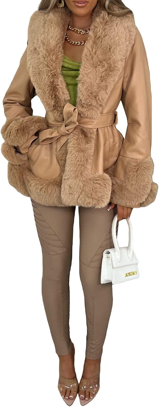 Aunaeyw Women Faux Fur Leather Jacket Faux Fur Open Front Casual Furry Collar Short Parka Coat Warm Cardigan with Belt Size M