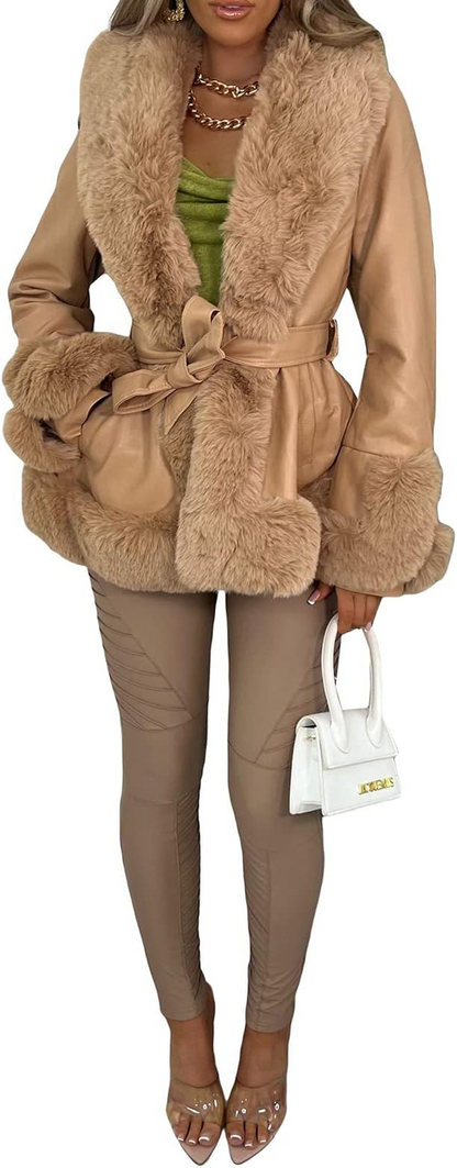 Aunaeyw Women Faux Fur Leather Jacket Faux Fur Open Front Casual Furry Collar Short Parka Coat Warm Cardigan with Belt Size M