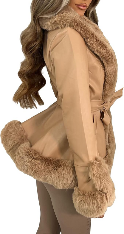 Aunaeyw Women Faux Fur Leather Jacket Faux Fur Open Front Casual Furry Collar Short Parka Coat Warm Cardigan with Belt Size M