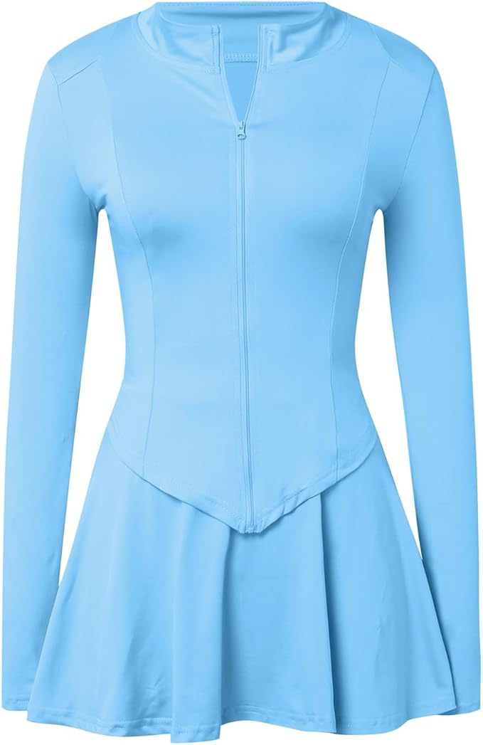 2 Piece Tennis Dress for Women Long Sleeve Zipper Tight Jacket Mini Skirt with Shorts Cute Workout Skort Skirt Set Size M