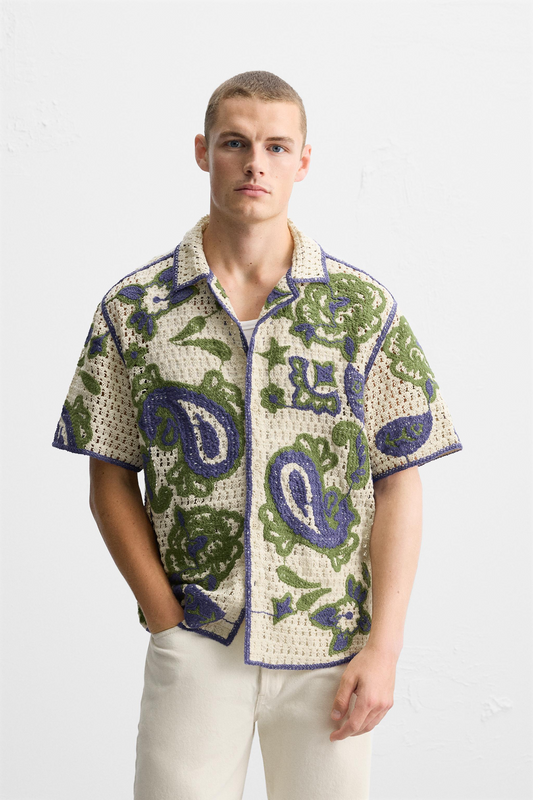 ZARA CONTRASTING CROCHET EMBROIDERY SHIRT Size M