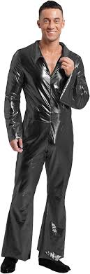 90s Rock Star Disco Ballroom Costume for Adult Men Metallic V Neck Bell One Piece JumpsuitsSize S