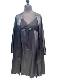escalier Women's Satin Robe -Satin Nightgown  Fontana di vita Set -Lace - Black size S