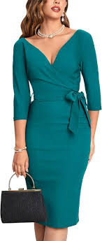 MUXXN Women's Vintage Faux Wrap V Neck 3/4 Sleeve Formal Party Work Dress with Belt, Dark Green, Large Size M