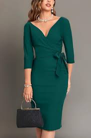 MUXXN Women's Vintage Faux Wrap V Neck 3/4 Sleeve Formal Party Work Dress with Belt, Dark Green, Large Size M
